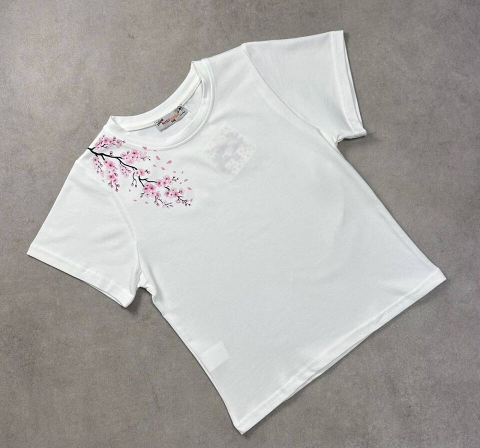 Kız Çocuk Sakura Çiçek Baskılı T-shirt 6139