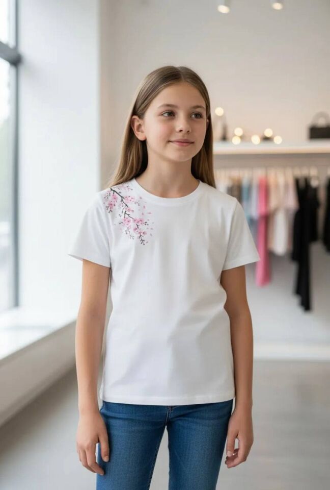Kız Çocuk Sakura Çiçek Baskılı T-shirt 6139