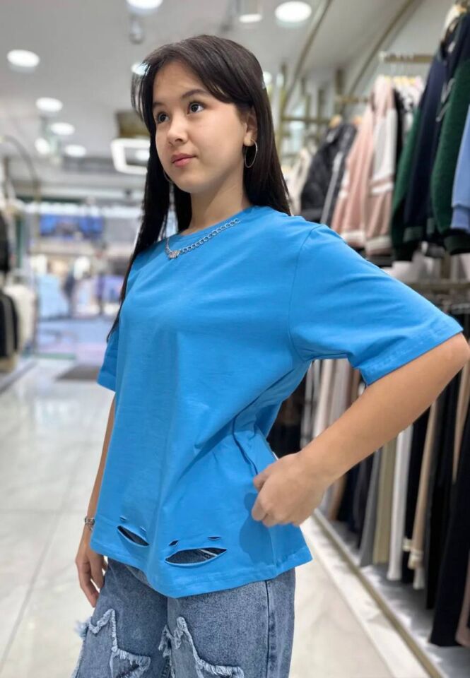 Kız Çocuk Lazer Kesimli Kolyeli Tshirt 34308