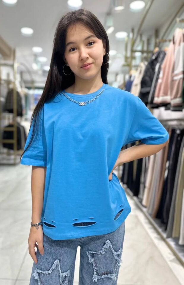 Kız Çocuk Lazer Kesimli Kolyeli Tshirt 34308