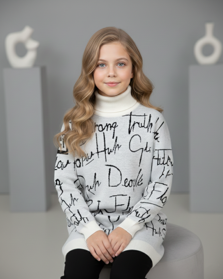 Yazı Desenli Balıkçı Yaka Tunik Kazak