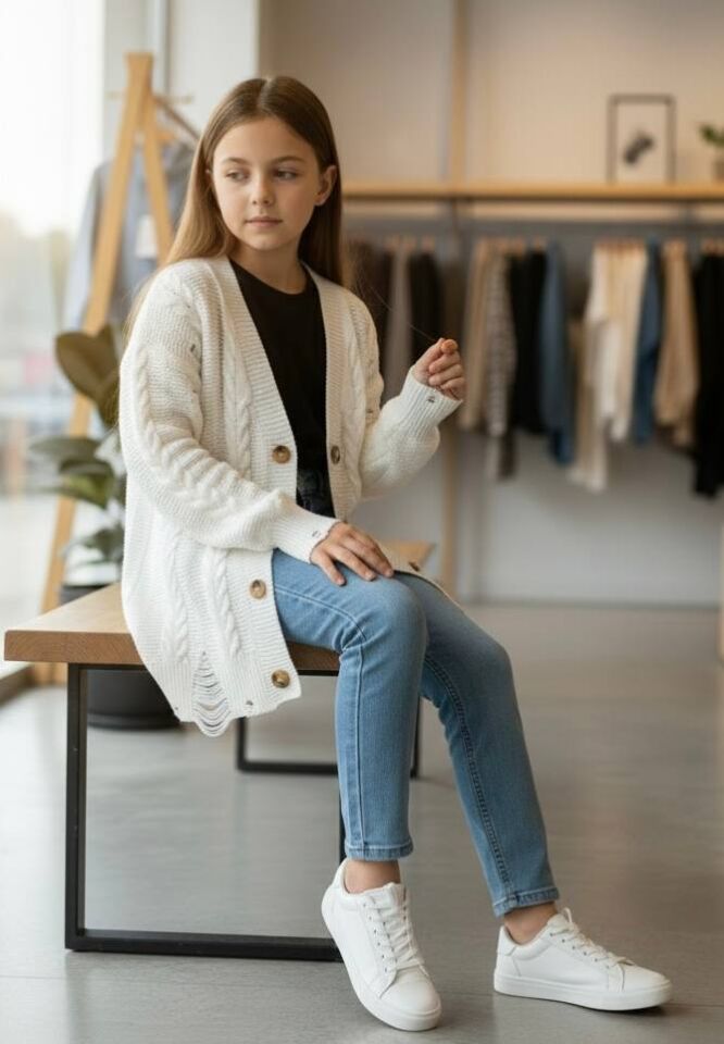 Saç Örgülü Yırtık Detaylı Uzun Kız Çocuk Triko Hırka - 822