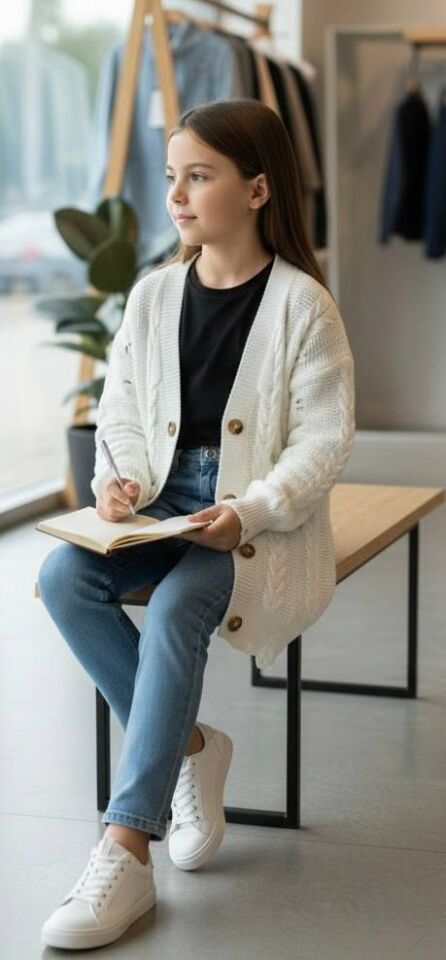 Saç Örgülü Yırtık Detaylı Uzun Kız Çocuk Triko Hırka - 822