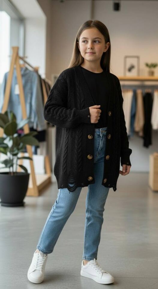 Saç Örgülü Yırtık Detaylı Uzun Kız Çocuk Triko Hırka - 822