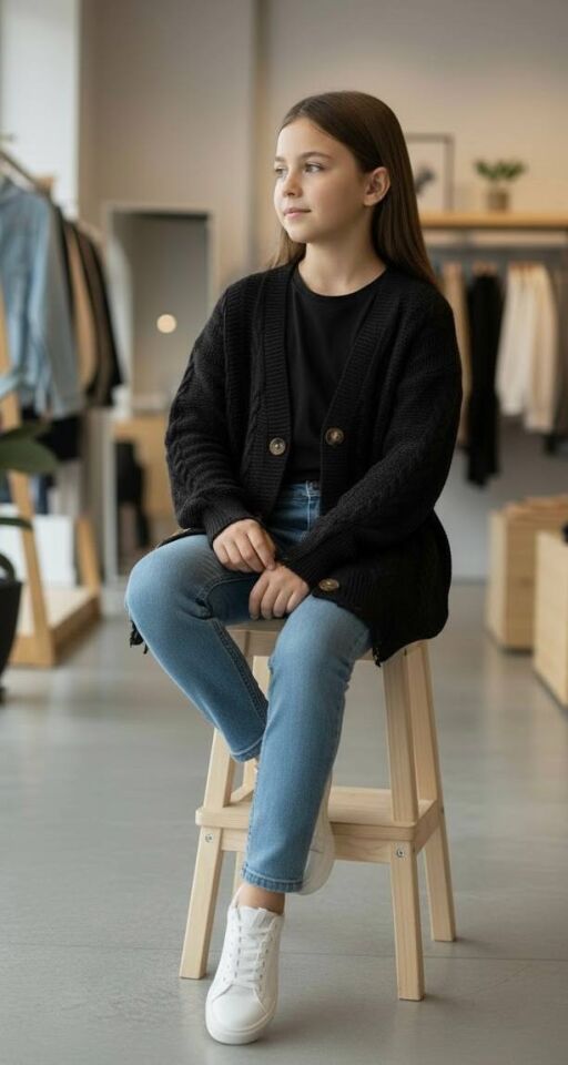 Saç Örgülü Yırtık Detaylı Uzun Kız Çocuk Triko Hırka - 822