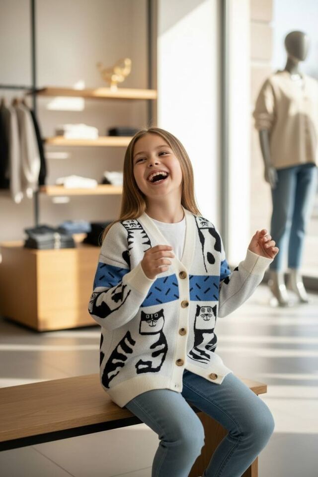 Kedi Desenli Kız Çocuk Uzun Hırka - 1570S