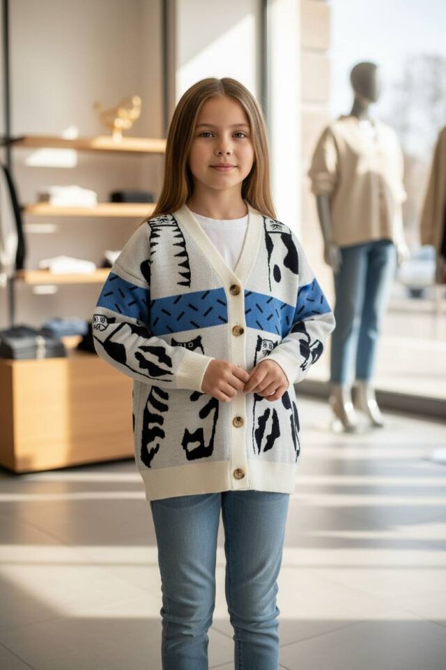 Kedi Desenli Kız Çocuk Uzun Hırka - 1570S