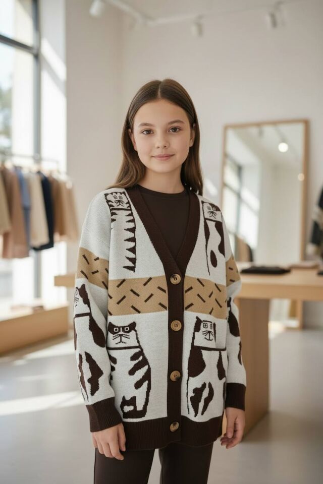 Kedi Desenli Kız Çocuk Uzun Hırka - 1570S