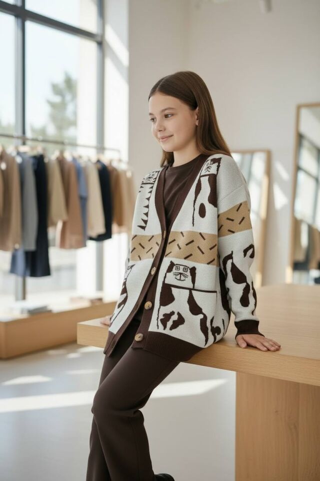 Kedi Desenli Kız Çocuk Uzun Hırka - 1570S