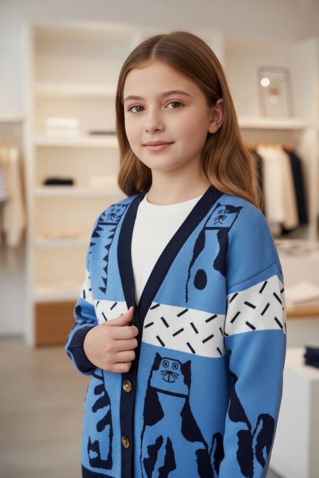 Kedi Desenli Kız Çocuk Uzun Hırka - 1570S