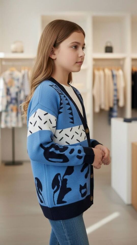 Kedi Desenli Kız Çocuk Uzun Hırka - 1570S