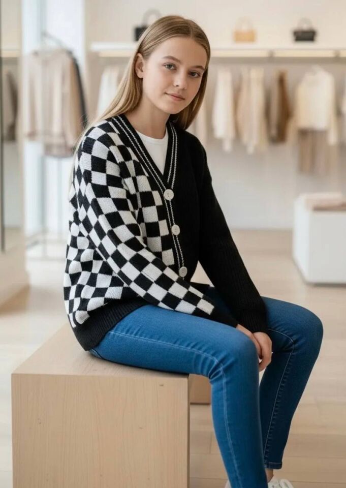 Dama Desenli Baharlık Triko Hırka