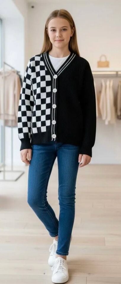 Dama Desenli Baharlık Triko Hırka