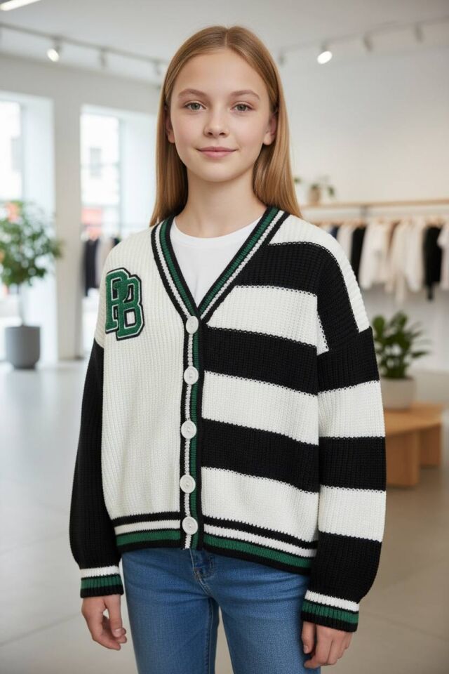 Aplikeli Şerit Desenli Baharlık Triko Hırka