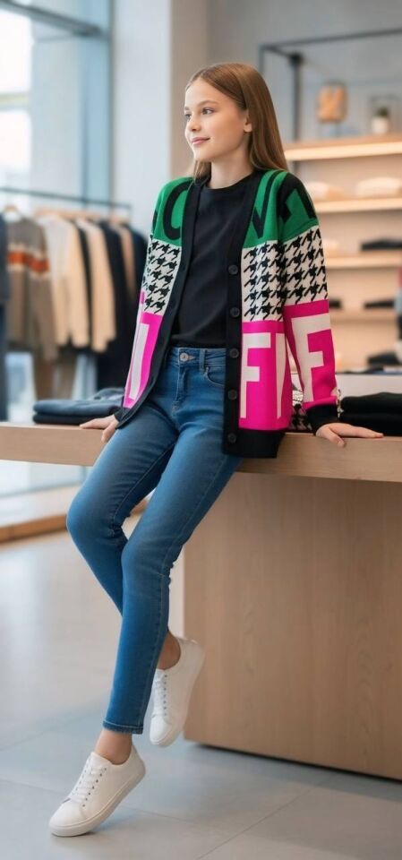 Kazayağı Ve Yazı Detaylı Uzun Baharlık Hırka  - 1464