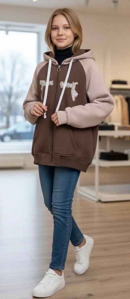 Üç İplik İçi Şardonlu Kumaştan Kışlık Fermuarlı Hoddie - 3859