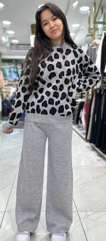 Leopar Desenli Triko Takım 1594S-1 - Gri