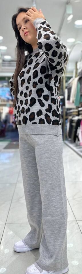 Leopar Desenli Triko Takım 1594S-1 - Gri